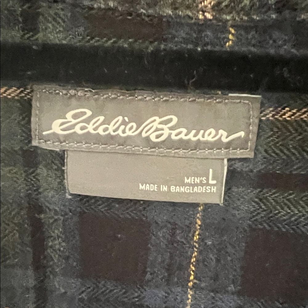 Eddie Bauer Navy and Green flannel Plaid Shirt - Picture 2 of 4